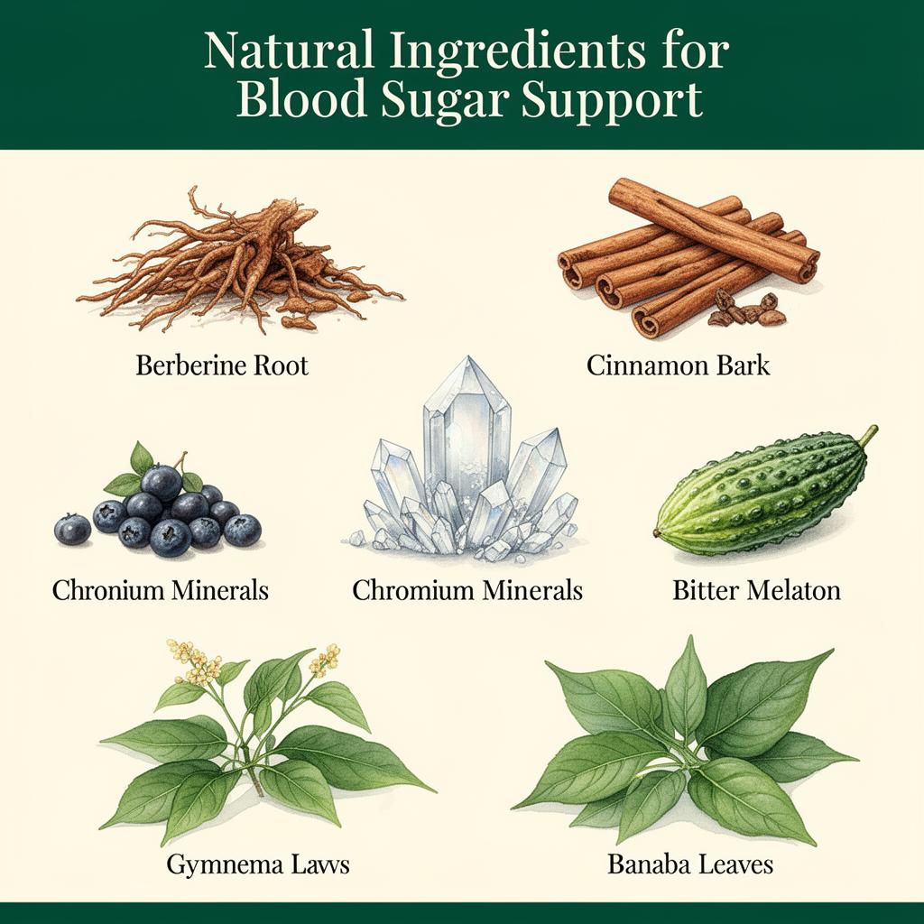 Botanical illustration of Glucore ingredients: berberine, cinnamon, chromium, bitter melon, gymnema, banaba
