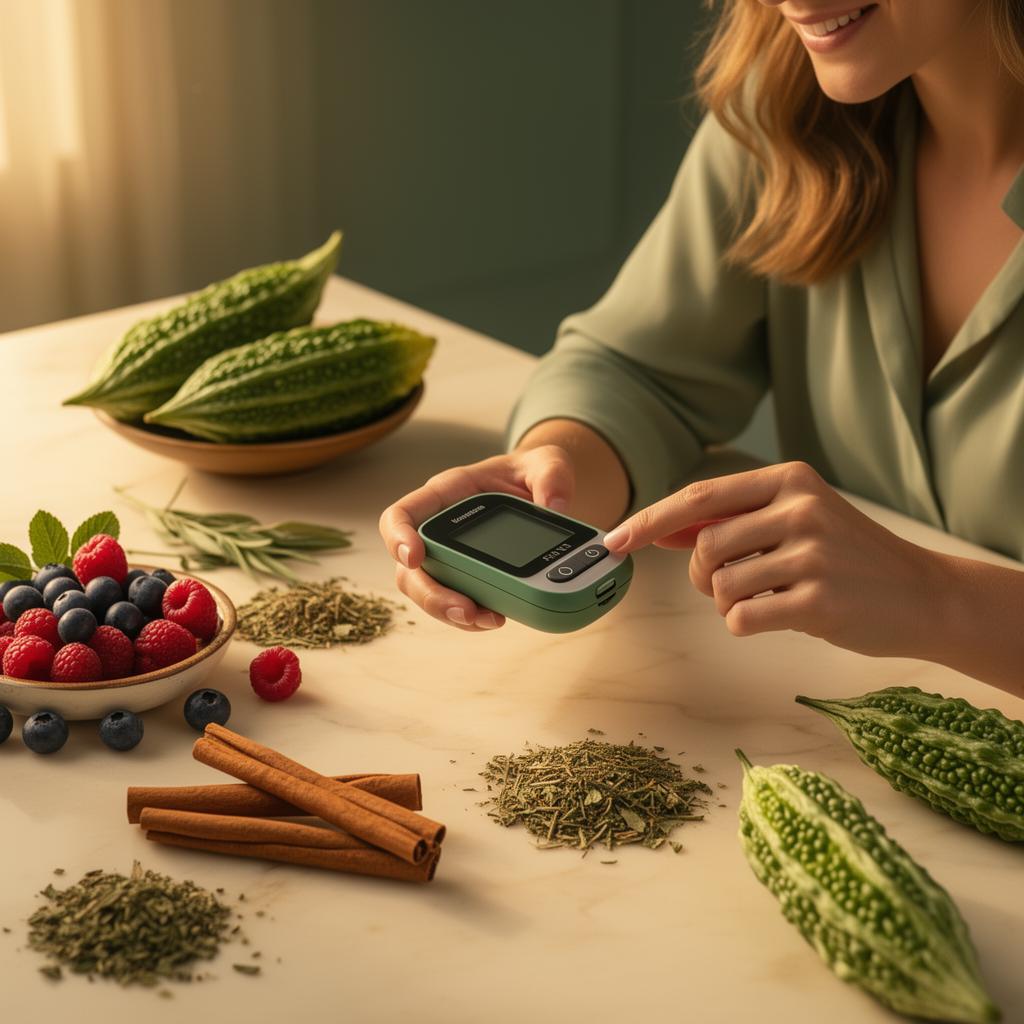 Person checking glucose with natural Glucore ingredients on a marble counter